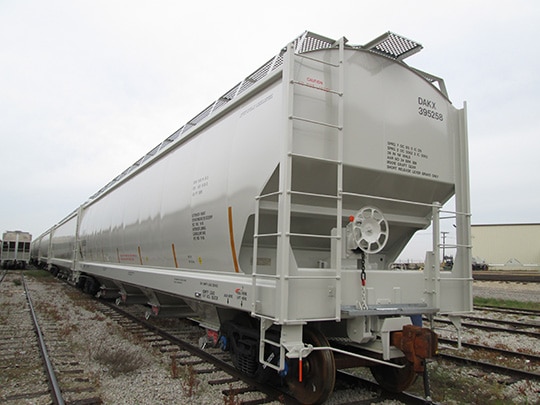 A 5,851-cubic-foot pneumatic discharge covered hopper