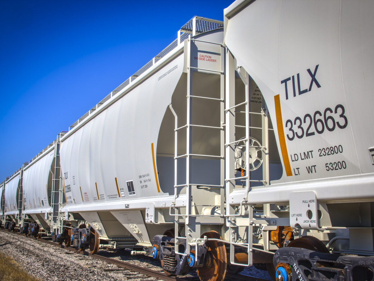 A covered hopper railcar